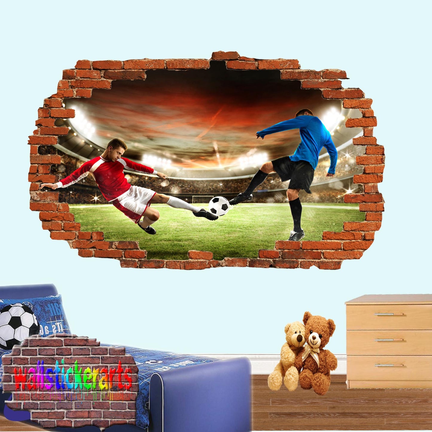 Football Players on Pitch Sports 3d Effect Wall Sticker Room Office Nursery Shop Decoration Decal Mural YO3