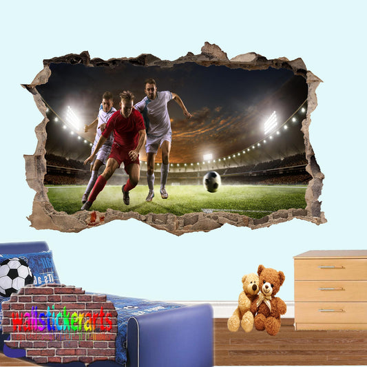 Football Players on Pitch Sports 3d Smashed Effect Wall Sticker Room Office Nursery Shop Decoration Decal Mural YO4