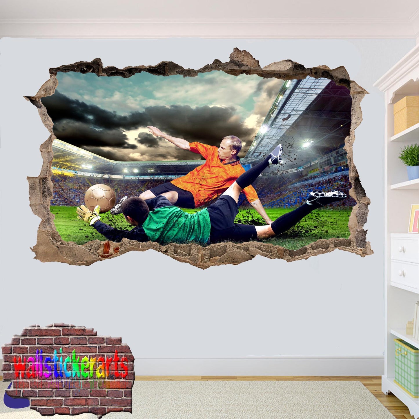 Football Players on Pitch Sports 3d Smashed Effect Wall Sticker Room Office Nursery Shop Decoration Decal Mural YO5