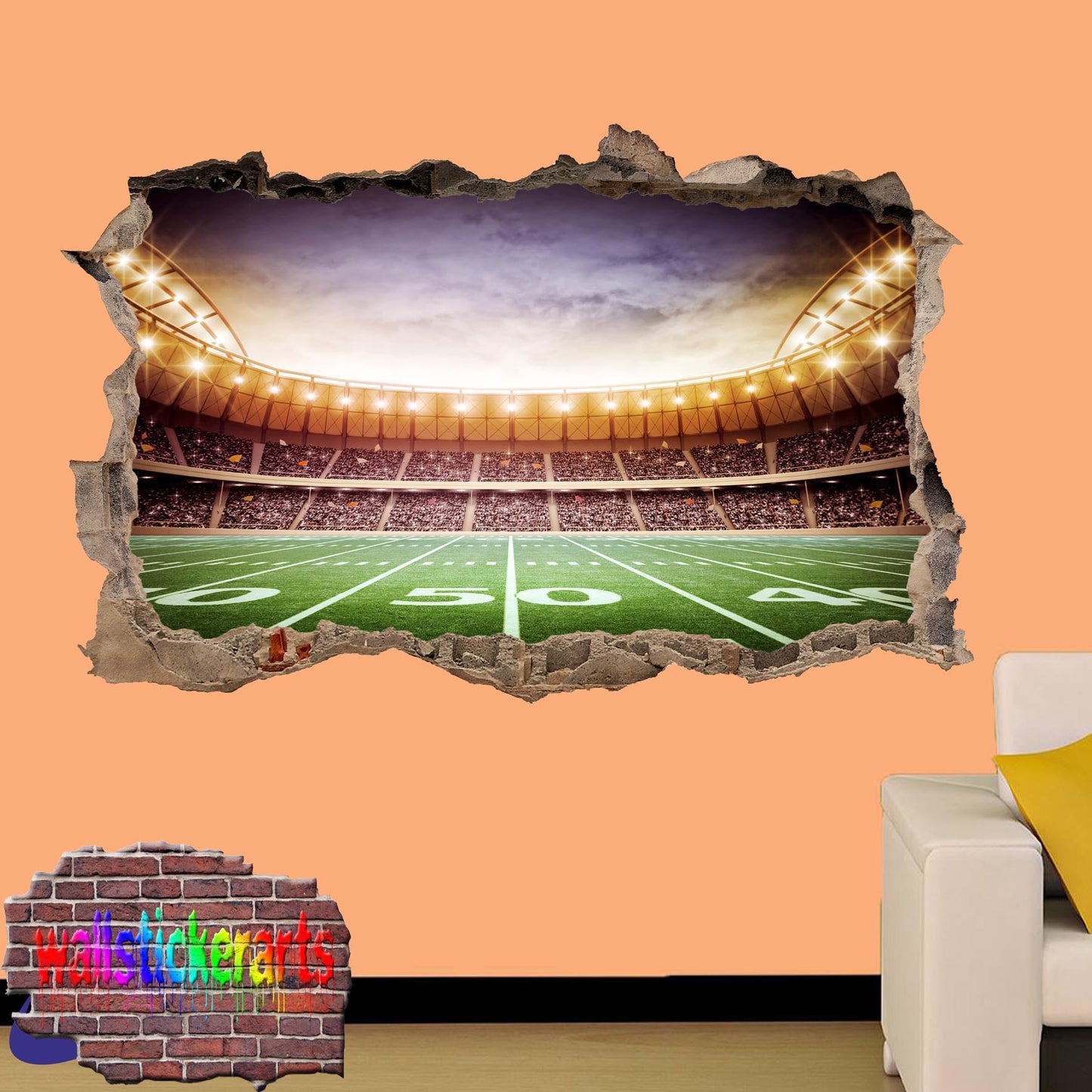 American Football Stadium Players On Pitch Sports 3d Smashed Effect Wall Sticker Room Office Nursery Shop Decoration Decal Mural YQ3