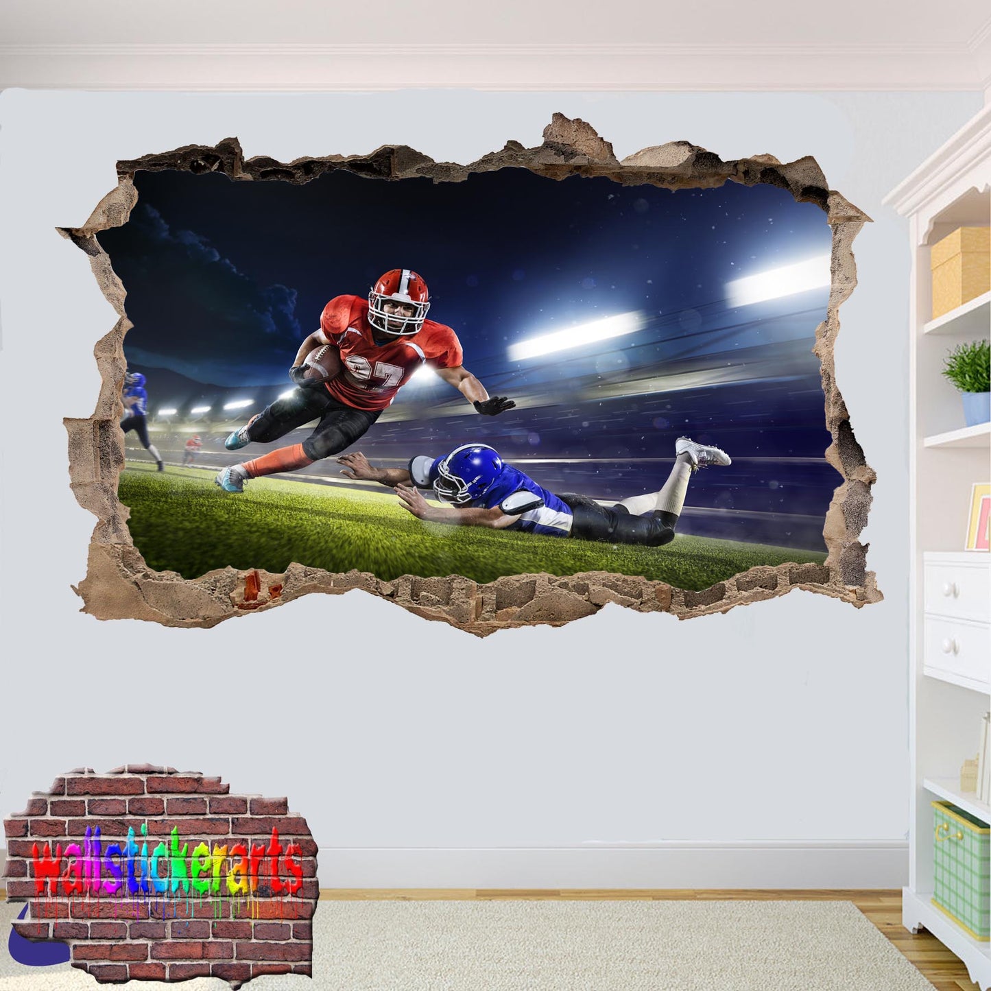 American Football Players Players On Pitch Sports 3d Smashed Effect Wall Sticker Room Office Nursery Shop Decoration Decal Mural YQ6