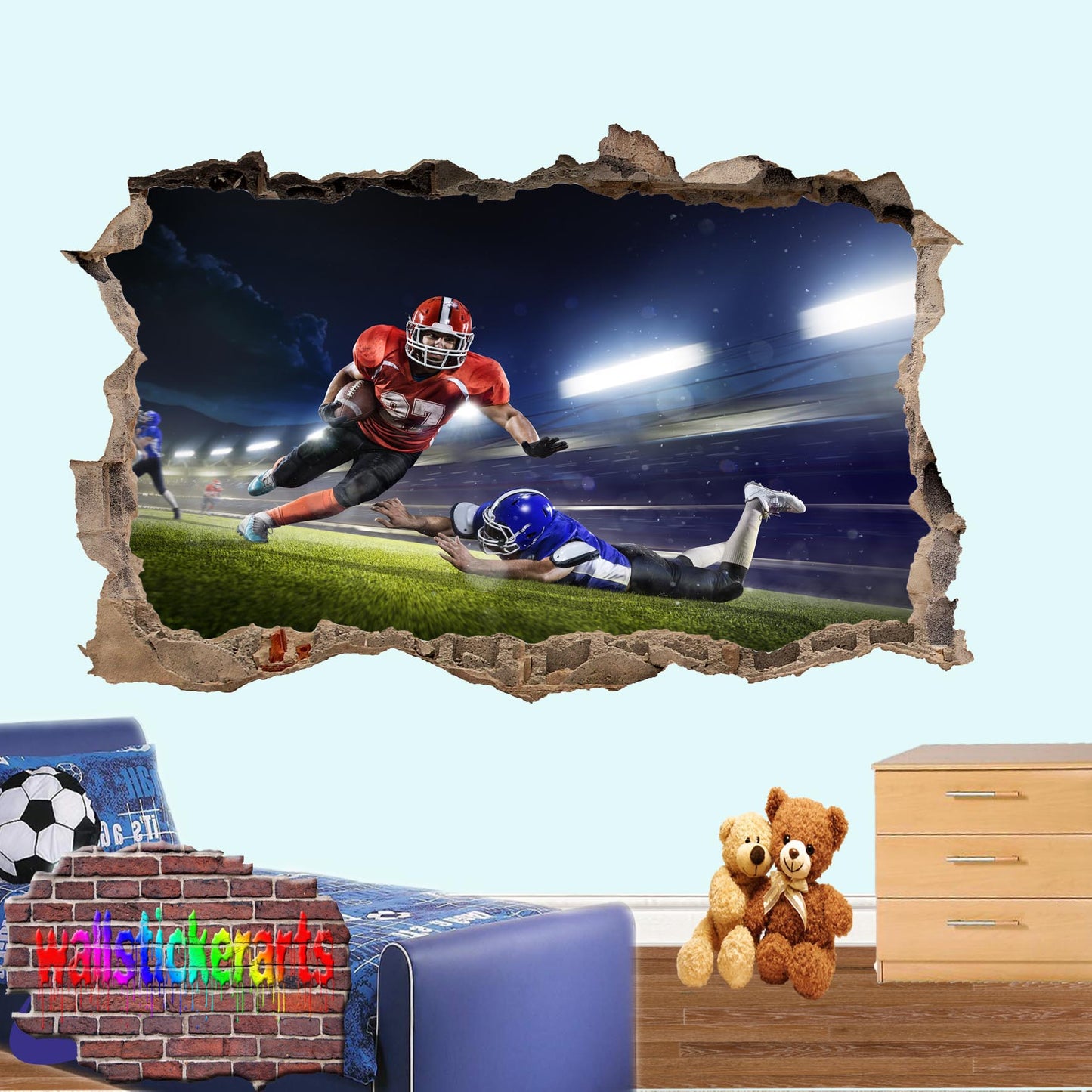 American Football Players Players On Pitch Sports 3d Smashed Effect Wall Sticker Room Office Nursery Shop Decoration Decal Mural YQ6