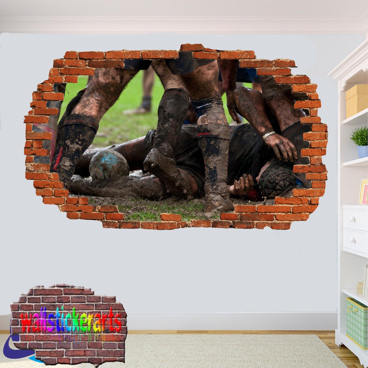 Rugby Players Sports 3d Smashed Effect Wall Sticker Room Office Nursery Shop Decor Decal Mural YR1
