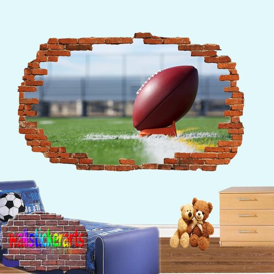 American Football  Rugby Ball Kick Sports 3d Smashed Effect Wall Sticker Room Office Nursery Shop Decoration Decal Mural YR2