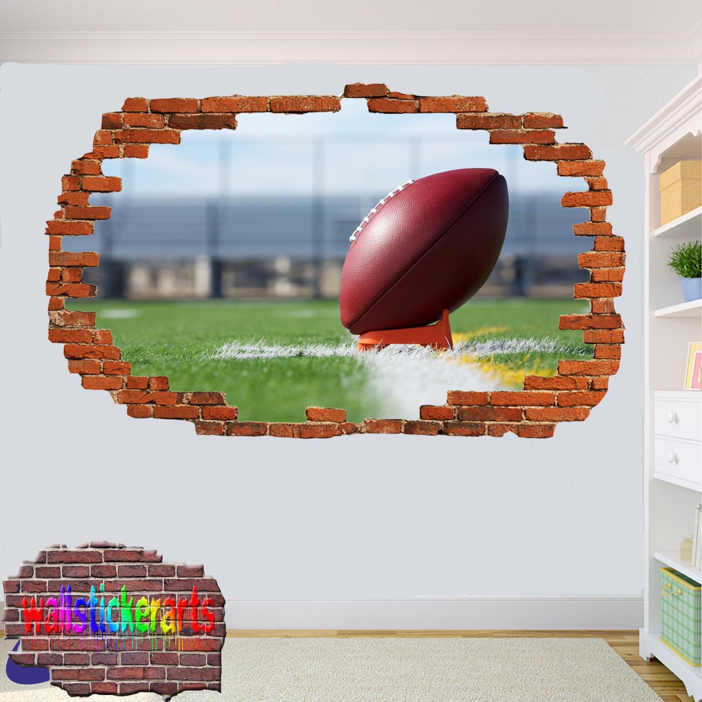 American Football  Rugby Ball Kick Sports 3d Smashed Effect Wall Sticker Room Office Nursery Shop Decoration Decal Mural YR2