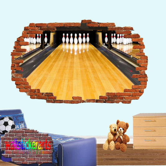 Bowling 12 Pin Sports 3d Smashed Effect Wall Sticker Room Office Nursery Shop Decoration Decal Mural YR3