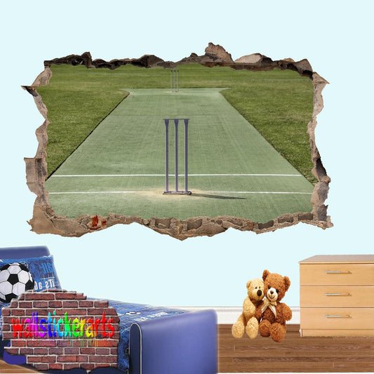 Cricket Ground Wickets Sports 3d Smashed Effect Wall Sticker Room Office Nursery Shop Decoration Decal Mural YR4