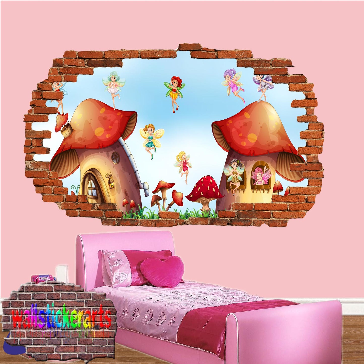 Little Fairies Mushroom Houses 3d Art Wall Sticker Girls Room Nursery Decor Decal Mural YS8