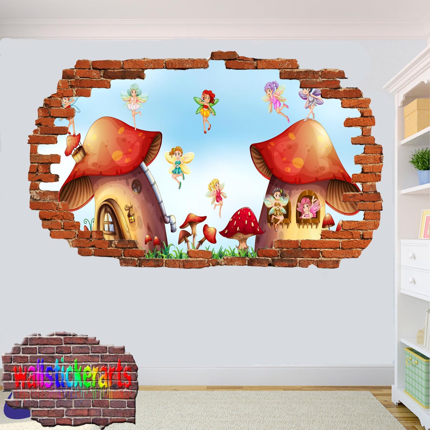 Little Fairies Mushroom Houses 3d Art Wall Sticker Girls Room Nursery Decor Decal Mural YS8