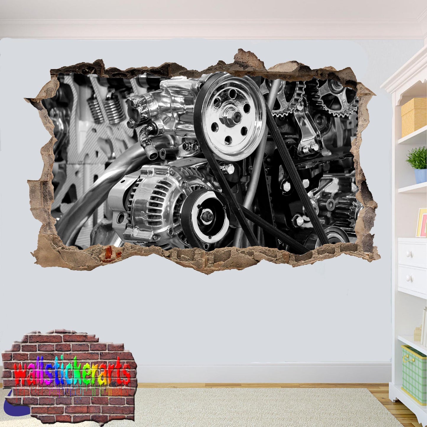 Poweful Car Engine 3d Art Smashed Effect Wall Sticker Room Office Nursery Shop Decoration Decal Mural YV8