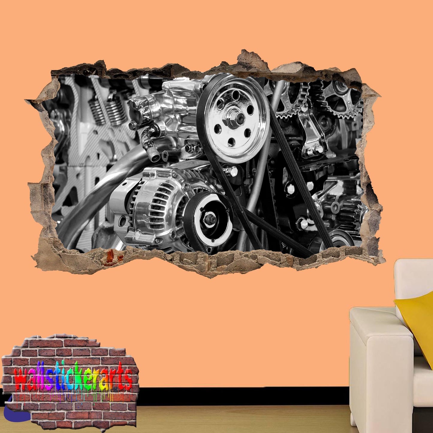 Poweful Car Engine 3d Art Smashed Effect Wall Sticker Room Office Nursery Shop Decoration Decal Mural YV8