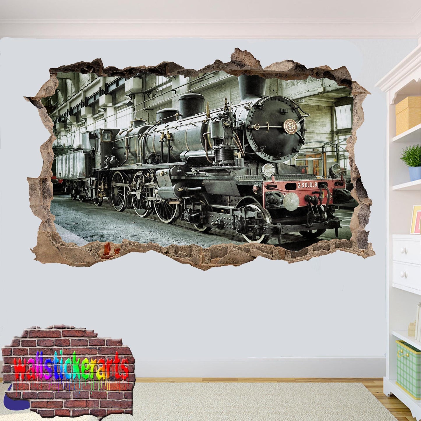 Old Steam Train Locomotive 3d Art Effect Wall Sticker Room Office Nursery Shop Decoration Decal Mural YW0
