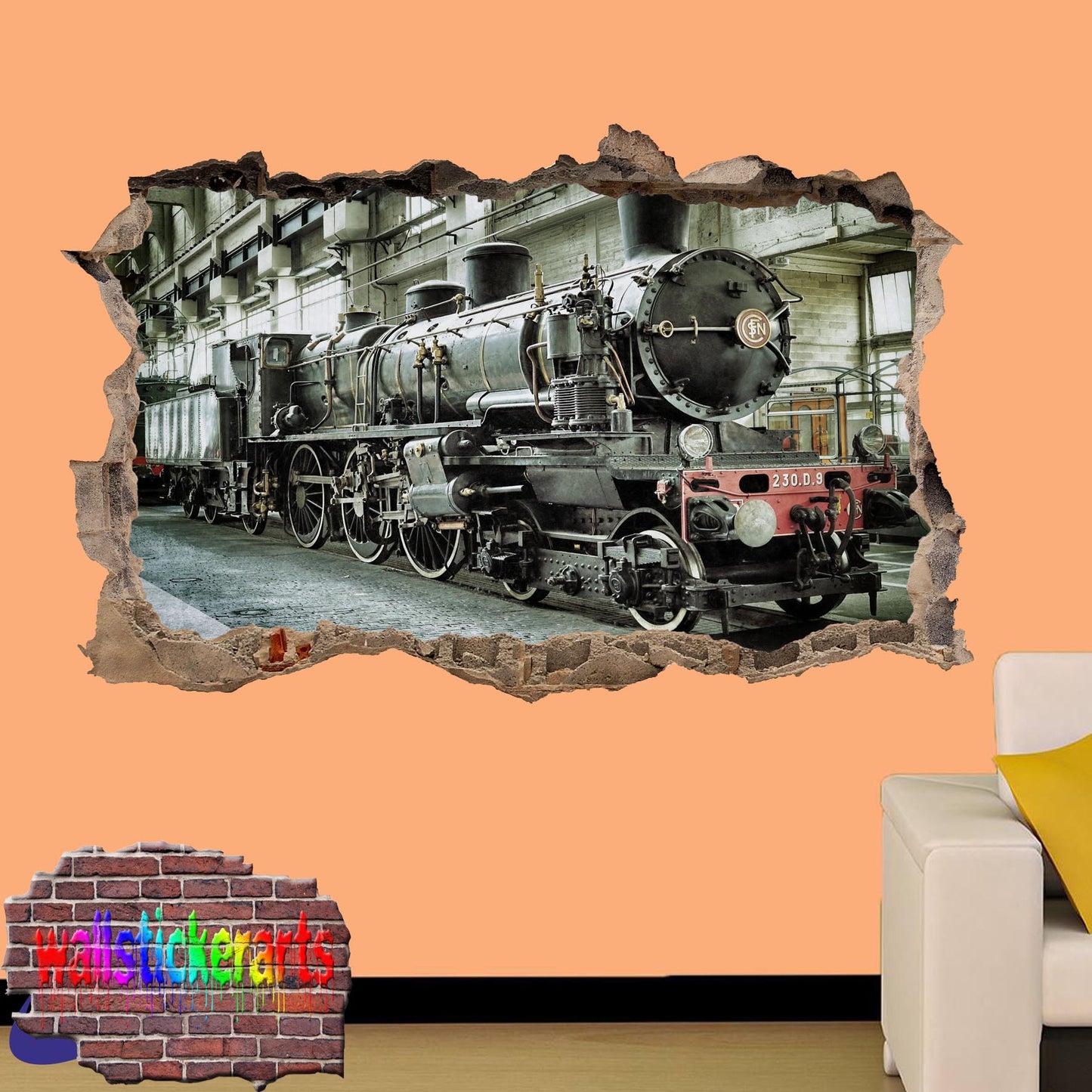 Old Steam Train Locomotive 3d Art Effect Wall Sticker Room Office Nursery Shop Decoration Decal Mural YW0