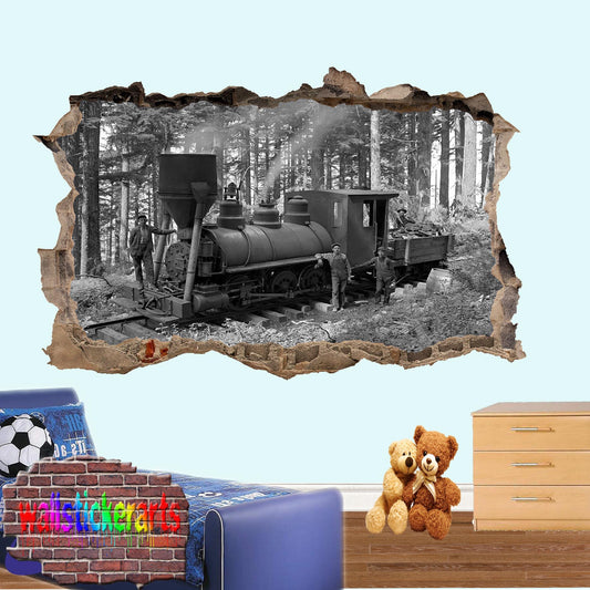 Vintage Steam Train Locomative Railway Workers 3d Art Smashed Effect Wall Sticker Room Office Nursery Shop Decor Decal Mural YW1