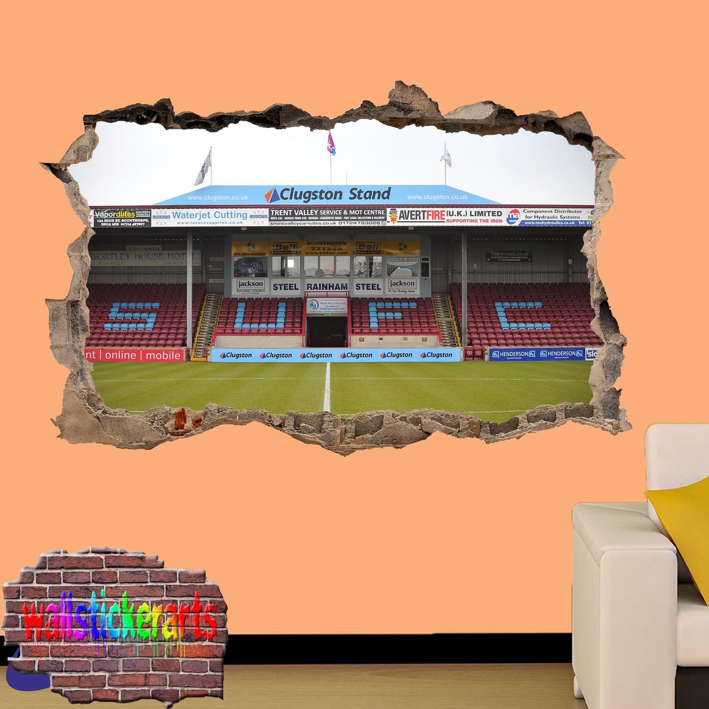 Scunthorpe United Glanford Park Football Stadium 3d Smashed Wall Sticker Mural Room Office Shop Decor Decal YY7