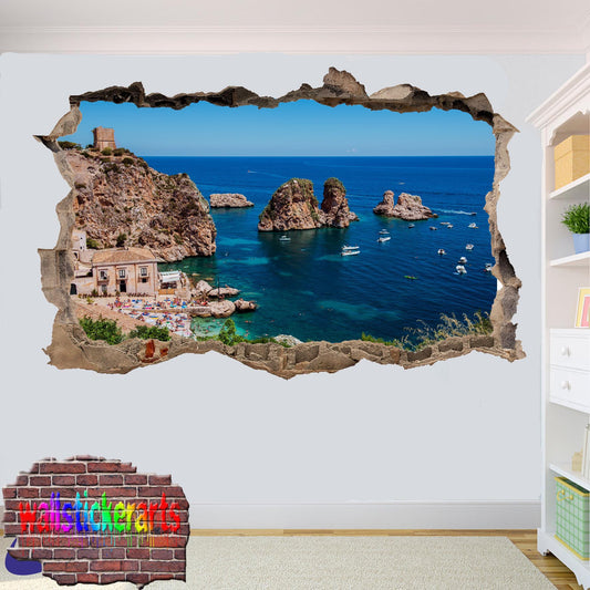Sicily Sea Cliff Italy 3d Art Smashed Effect Wall Sticker Room Office Nursery Shop Decoration Decal Mural ZB9