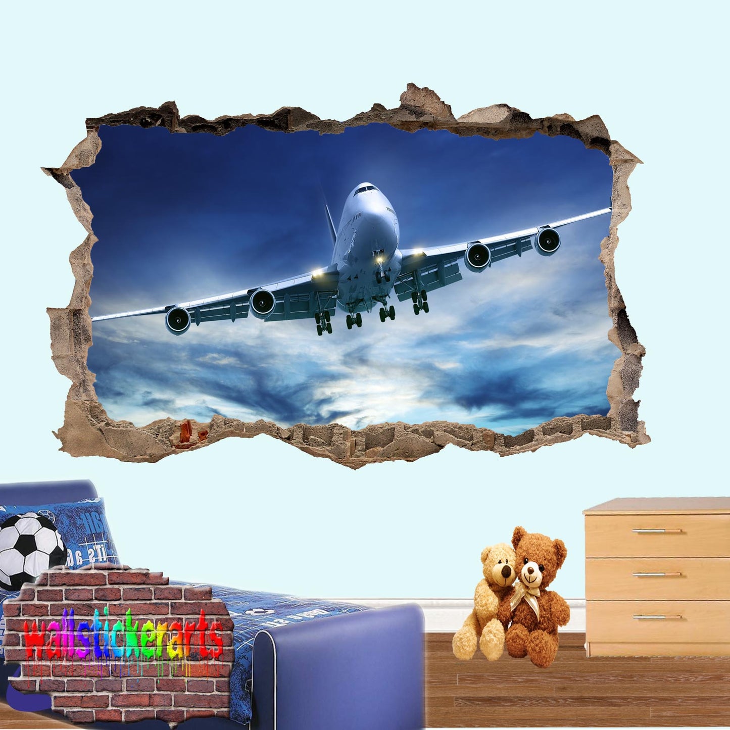 Boeing 777 Passenger Airplane on Blue Sky 3d Art Wall Sticker Room Office Nursery Shop Decor Decal Mural ZG3