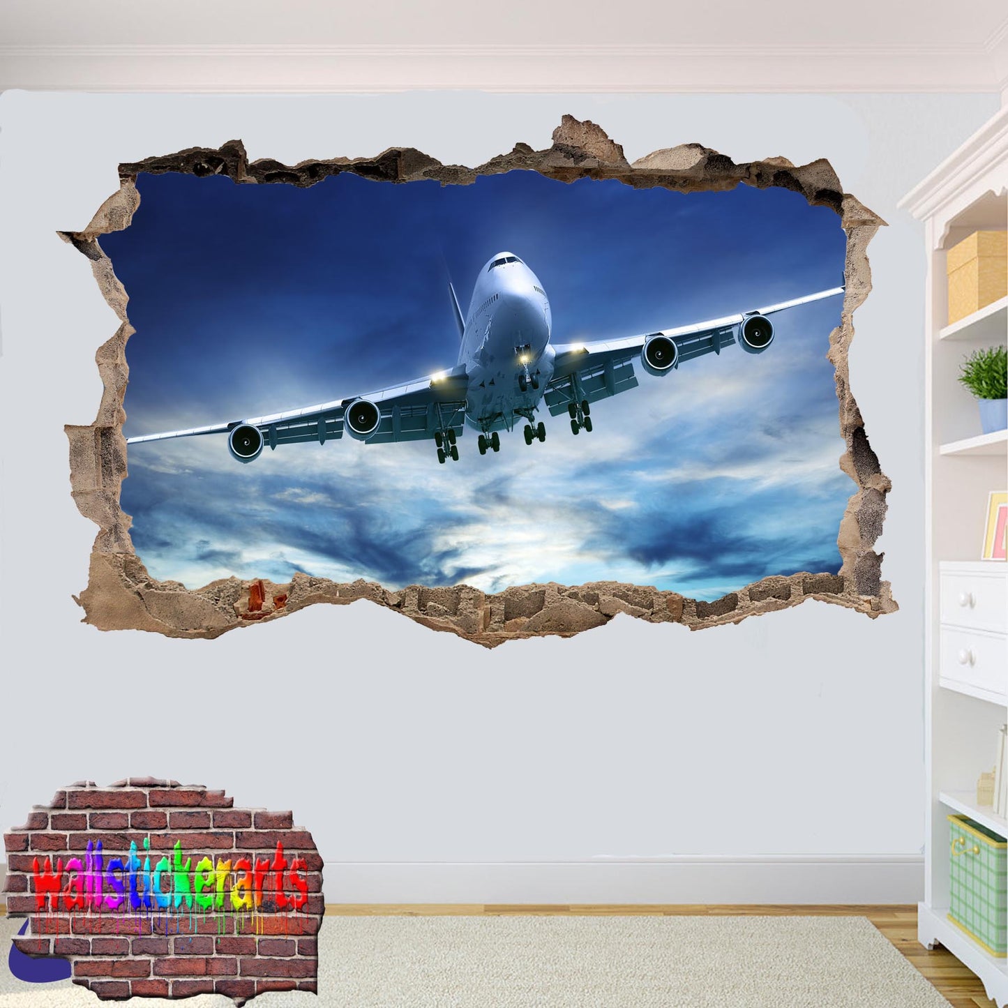 Boeing 777 Passenger Airplane on Blue Sky 3d Art Wall Sticker Room Office Nursery Shop Decor Decal Mural ZG3