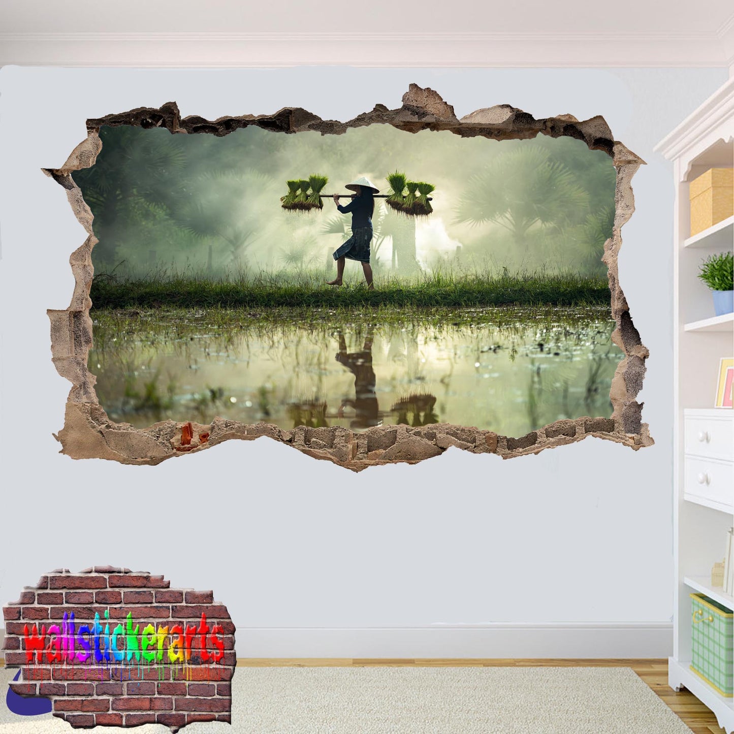 Traditional Asian Girl Rise Field 3d Art Wall Sticker Mural Room Office Shop Home Decor Decal ZI6