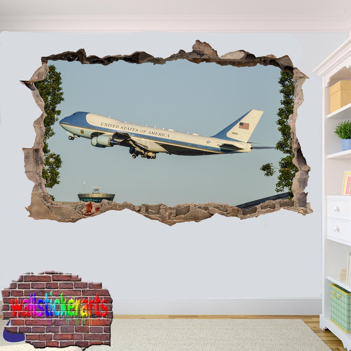Usa Presidential Airplane 3d Art Smashed Effect Wall Sticker Room Office Nursery Shop Decor Decal Mural ZU0
