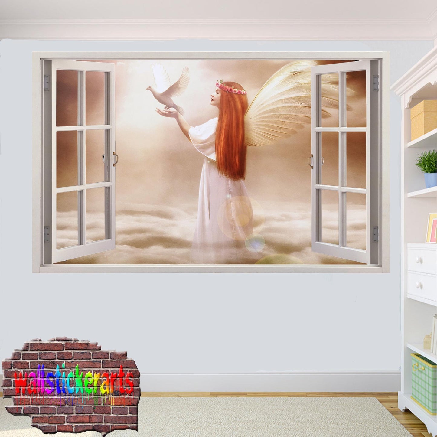 Angel Wings Dove On Clouds 3d Window Wall Sticker Room Decoration Decal Mural