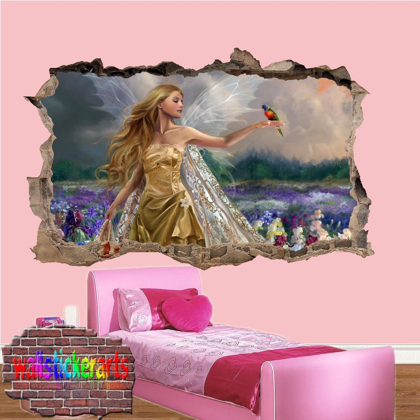 Angel Flower Field Parrot 3d Smashed Wall Sticker Room Decoration Decal Mural