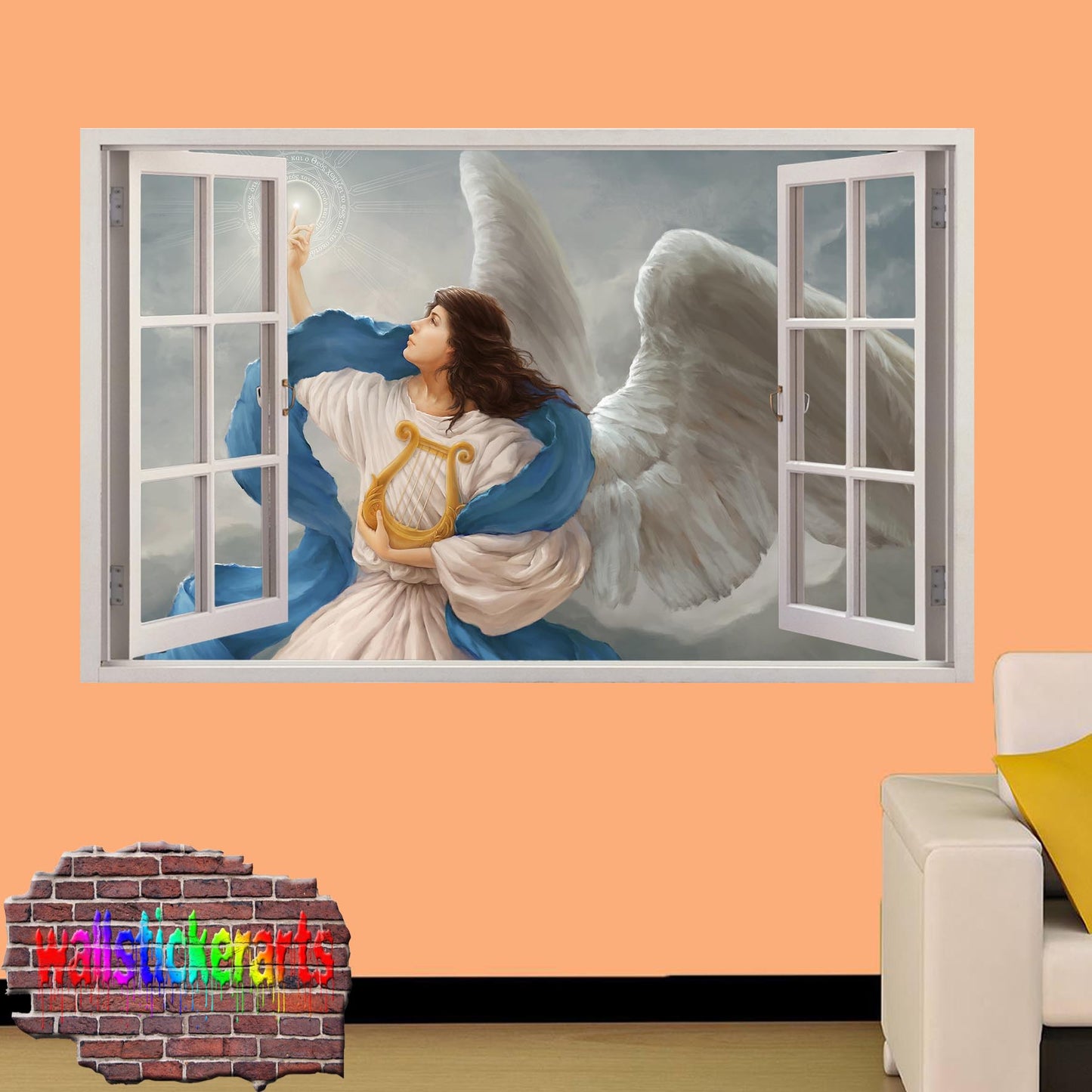 Angel Wings Lyre Over Clouds 3d Window Wall Sticker Room Decoration Decal Mural