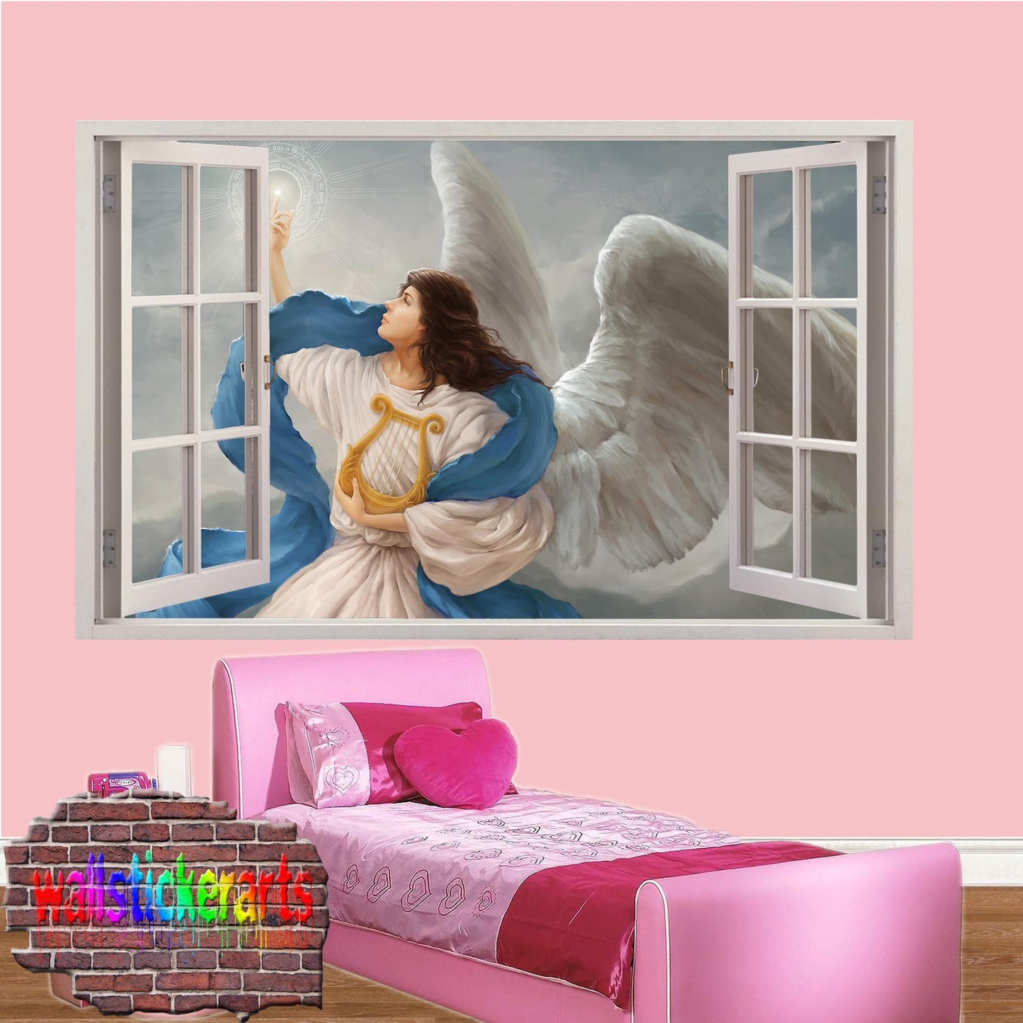 Angel Wings Lyre Over Clouds 3d Window Wall Sticker Room Decoration Decal Mural