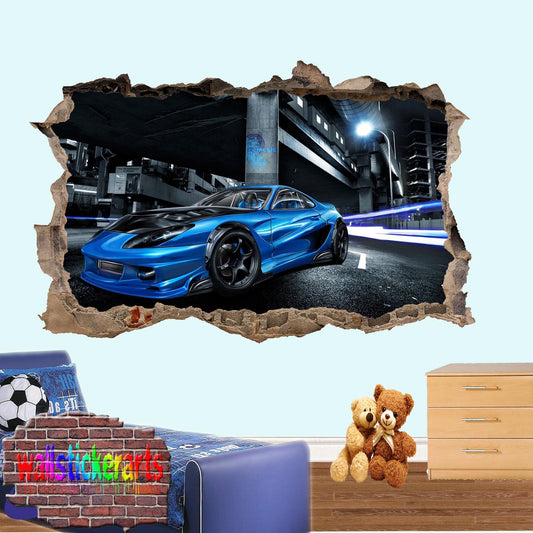 POWERFUL BLUE SPORTS CAR WALL STICKER mural decal poster