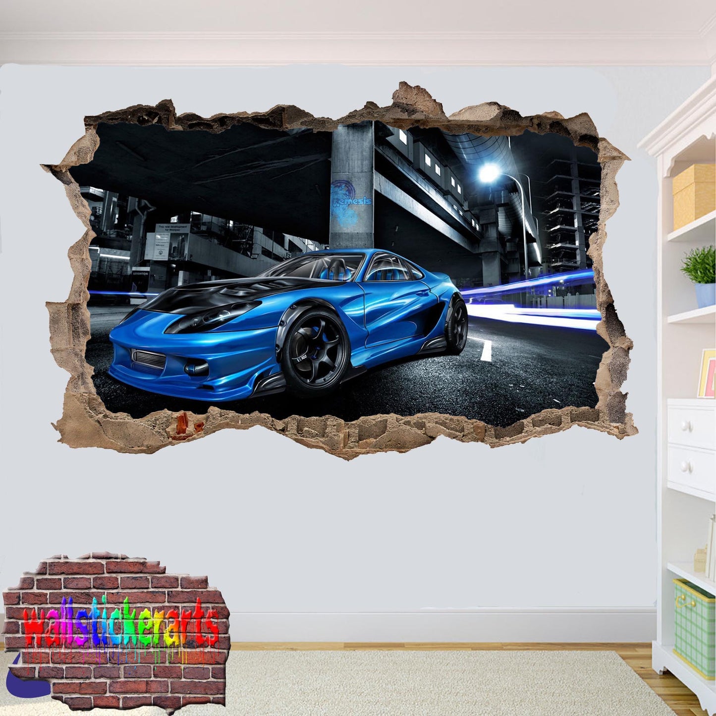 POWERFUL BLUE SPORTS CAR WALL STICKER mural decal poster