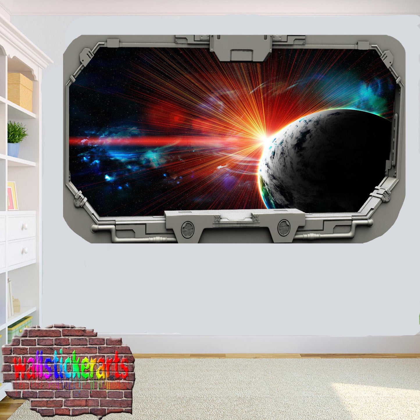 Blue Planet Earth and Sun From Spacecraft Window Wall Sticker Room Decoration Decal Mural