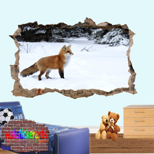 Fox Snow Scenery 3d Art Smashed Effect Wall Sticker Room Office Nursery Shop Decor Decal Mural