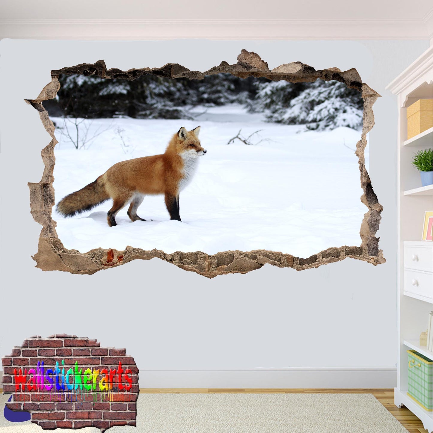 Fox Snow Scenery 3d Art Smashed Effect Wall Sticker Room Office Nursery Shop Decor Decal Mural