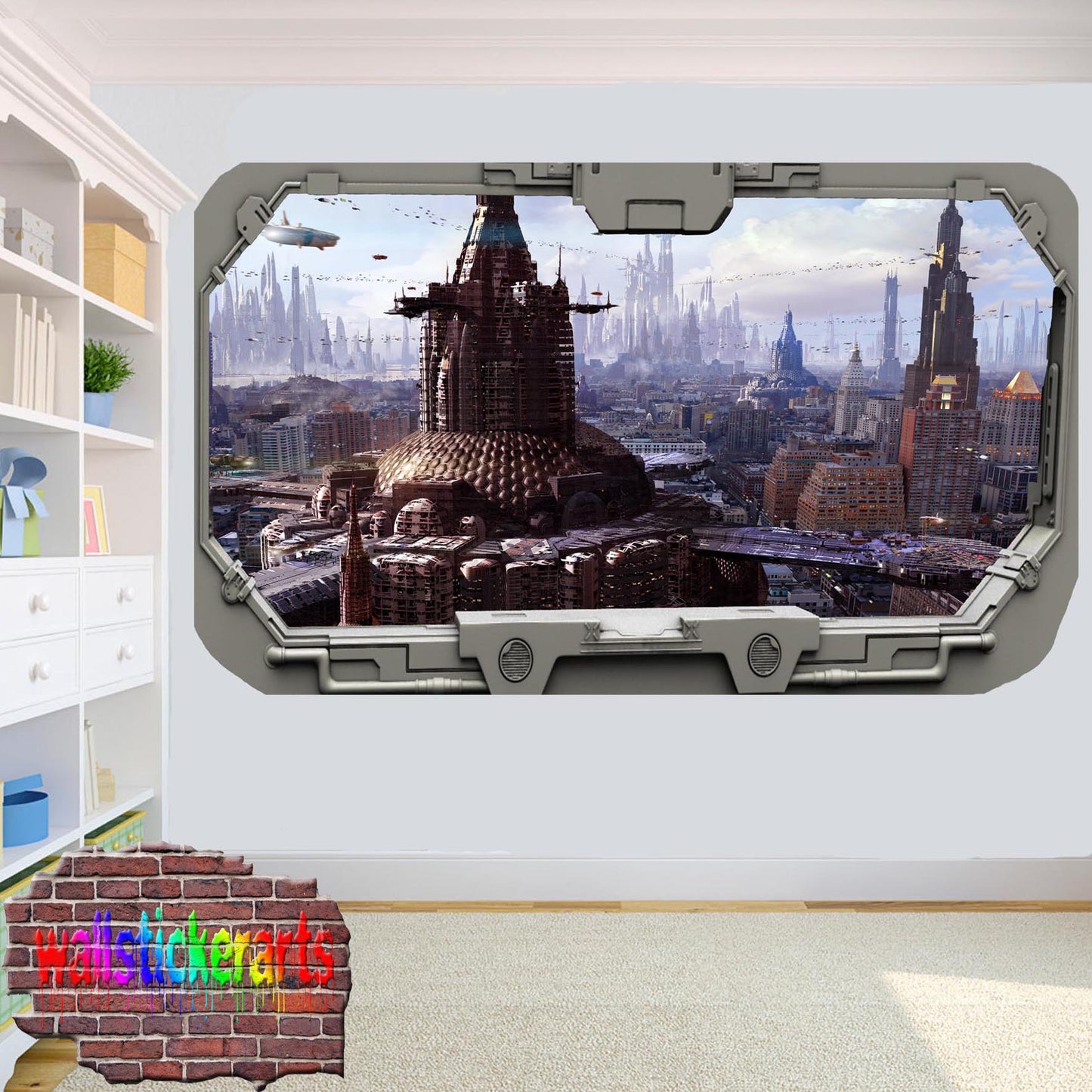 Futuristic City From Spacecraft Window Wall Sticker Room Decoration Decal Mural