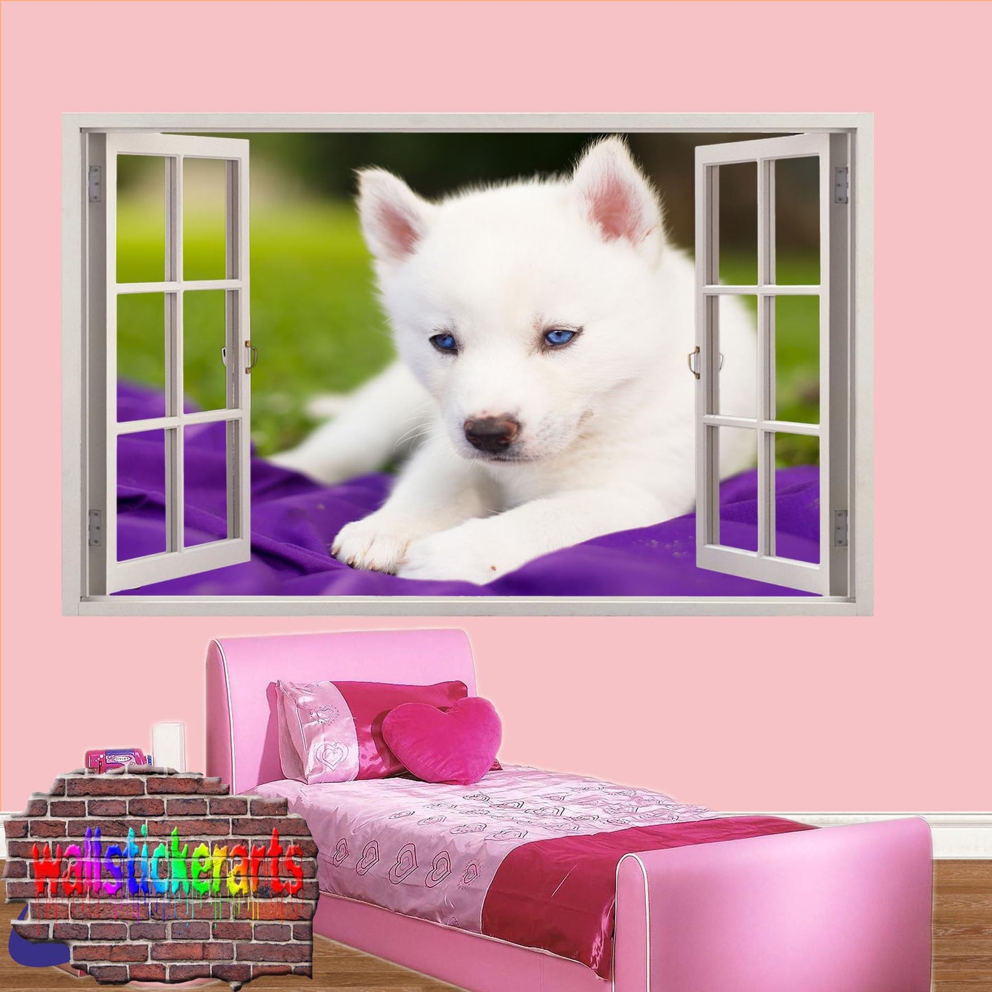 White Husky Pup 3d Art Smashed Effect Wall Sticker Room Office Nursery Shop Decor Decal Mural