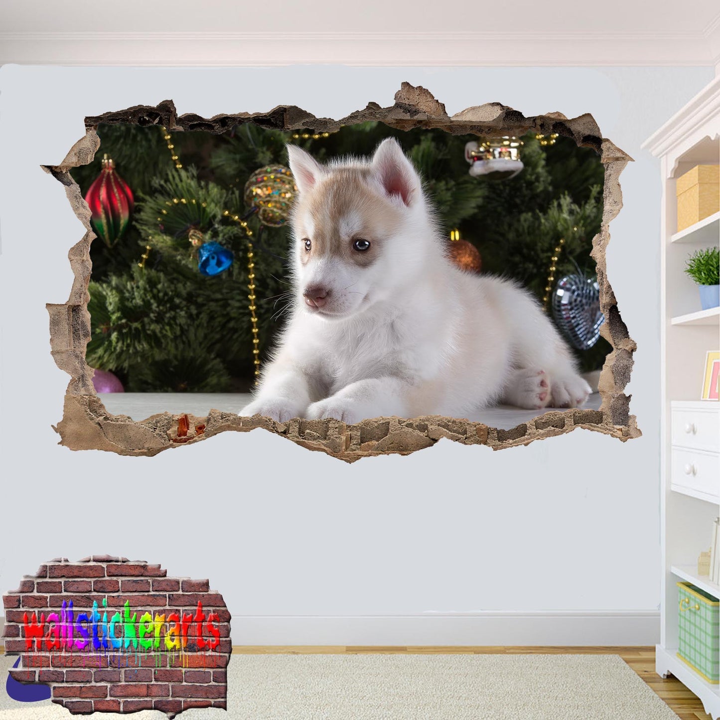 Husky Pup Christmast Tree 3d Art Wall Sticker Room Office Nursery Shop Decoration Decal Mural
