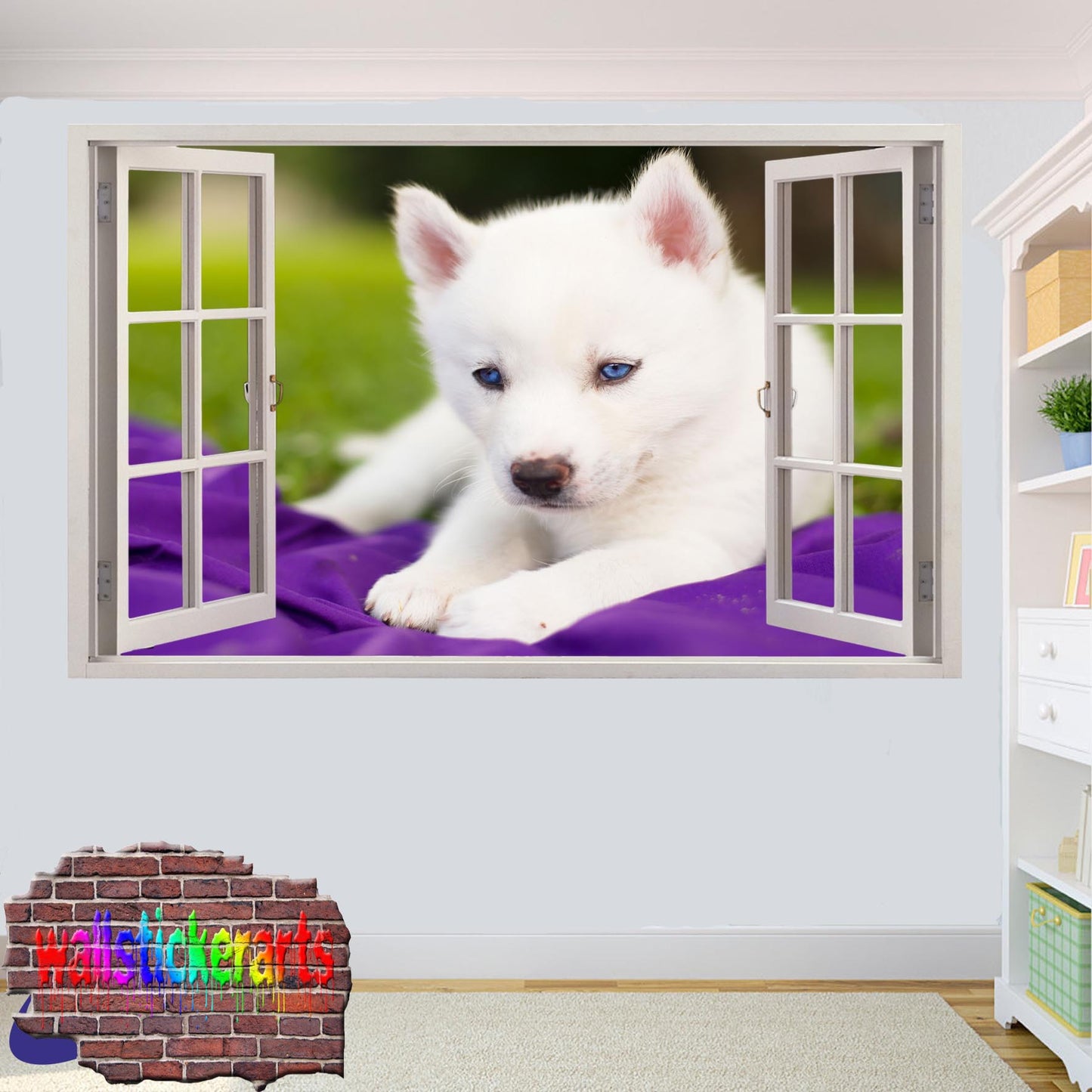 White Husky Pup 3d Art Smashed Effect Wall Sticker Room Office Nursery Shop Decor Decal Mural