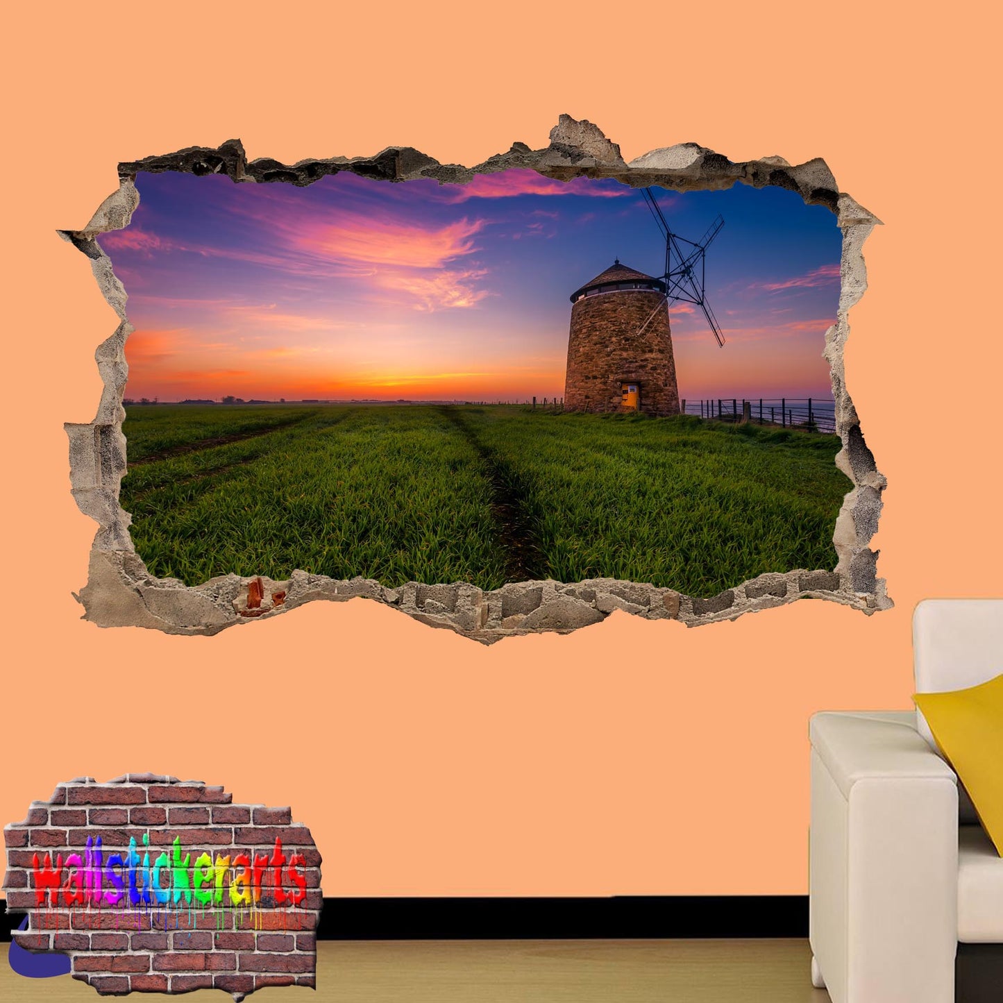 Old Wind Mill Sunset 3d Art Wall Sticker Mural Room Office Shop Decoration Decal