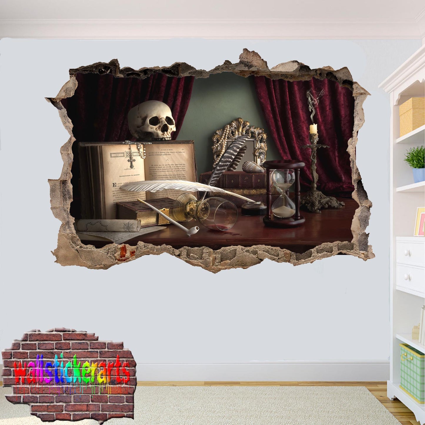 Gothic Skull Red Velvet 3d Smashed Wall Sticker Room Decoration Decal Mural