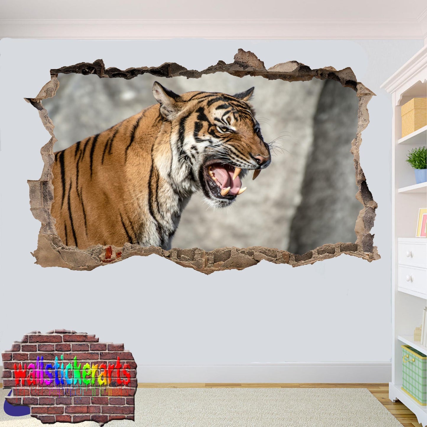 Wildlife Animals Tiger 3d Art Smashed Effect Wall Stickers Room Office Nursery Shop Decor Decal Mural