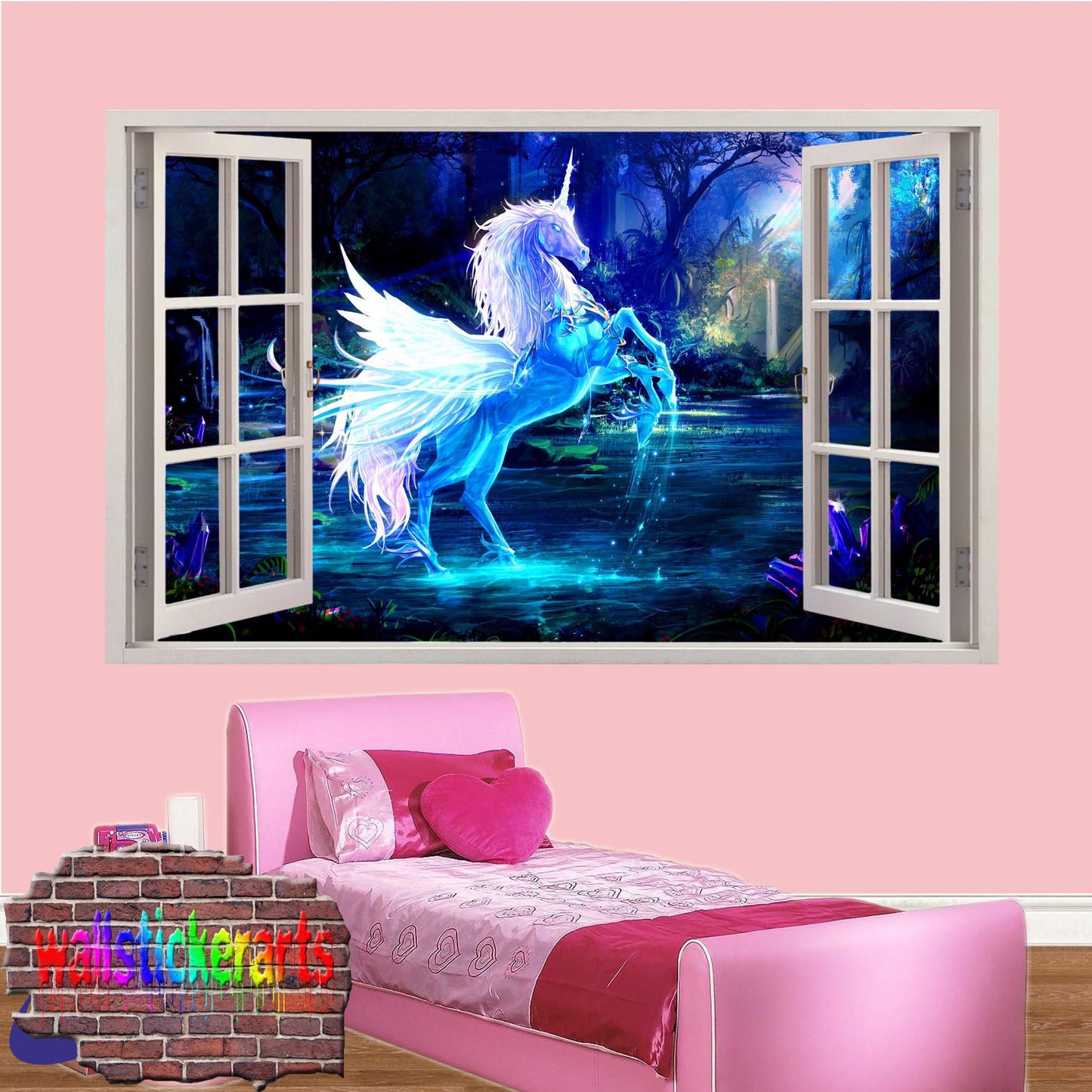Crystal Unicorn in Dreamland Forest 3d Window Wall Sticker Room Decor Decal Murals