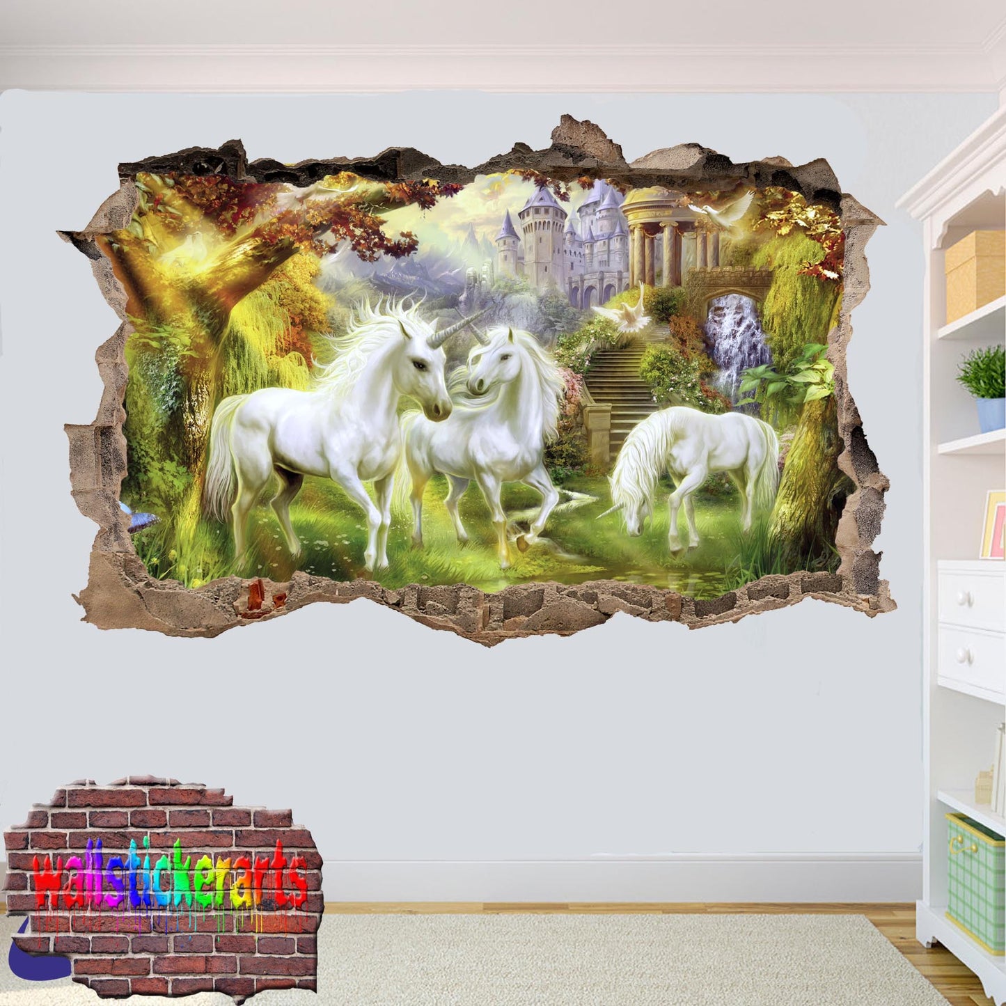 Unicorns in Dreamland Forest 3d Smashed Wall Stickers Room Decoration Decal Murals