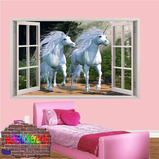 Two Beautiful Unicorn in Dream Forest 3d Window Wall Sticker Room Decor Decal Murals