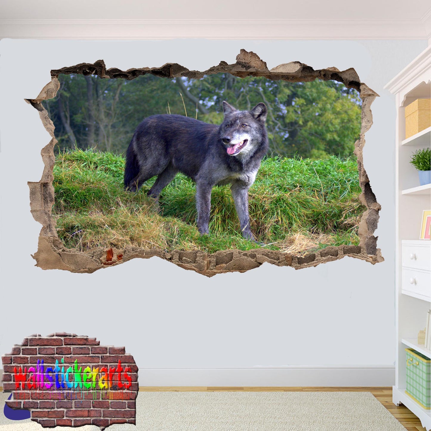 Wildlife Animals Grey Wolf 3d Art Smashed Effect Wall Stickers Room Office Nursery Shop Decor Decal Mural