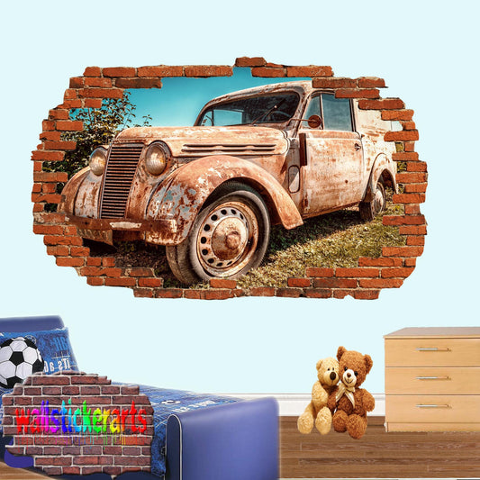 Vintage Nostalgic Truck 3d Smashed Wall Sticker Room Decor Decal Mural YA0