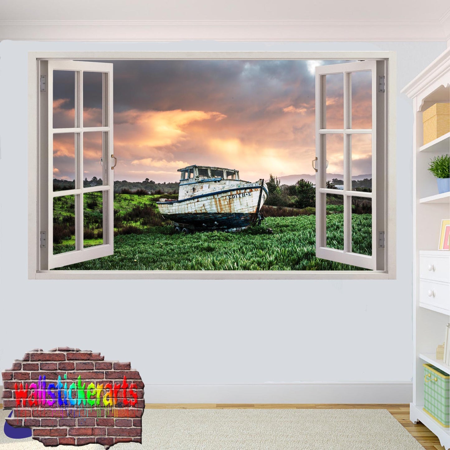Old Boat Majestic Sunset 3d Window Wall Sticker Room Decor Decal Mural YA4